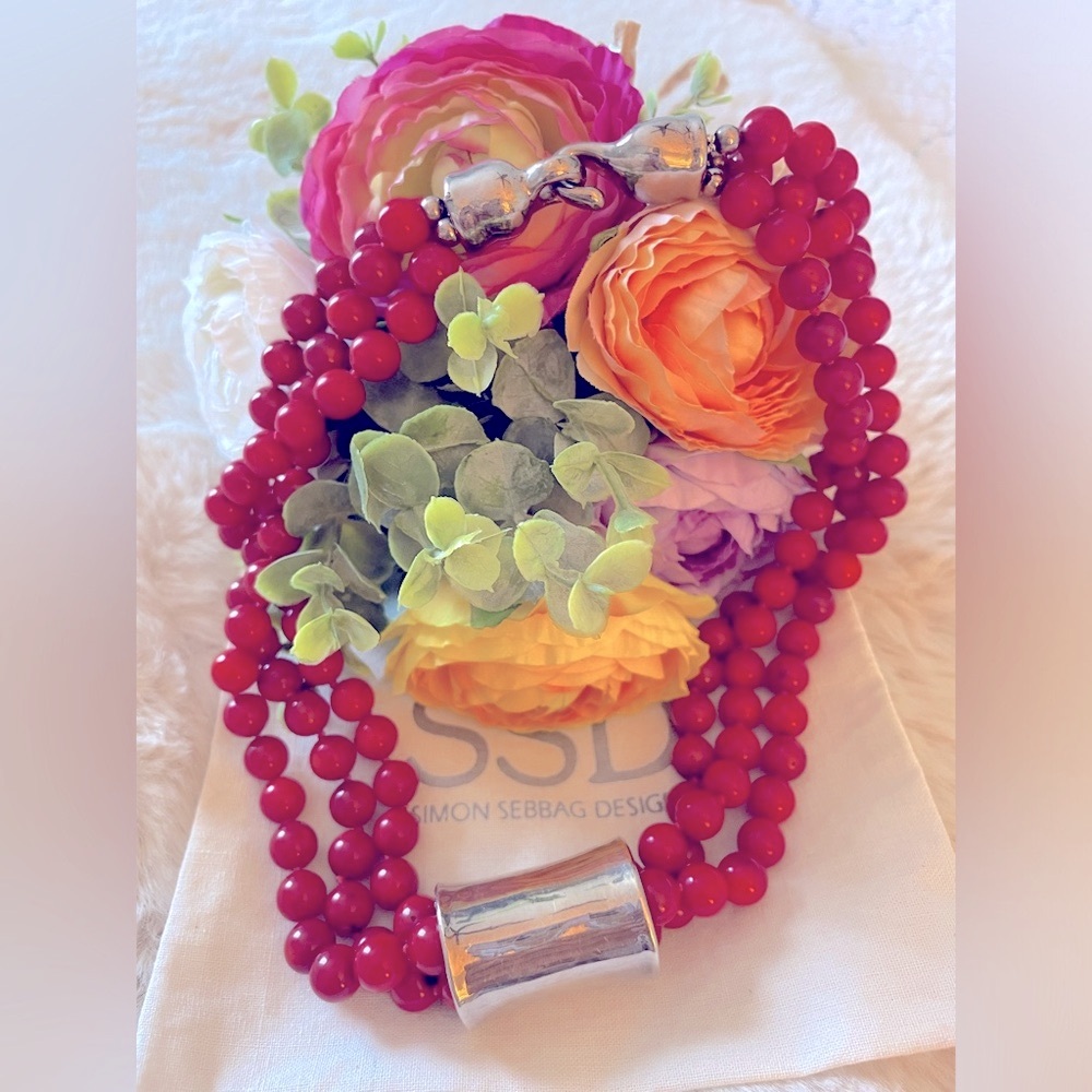 Wonderful Simon Sebbag Red Coral Triple Strand Necklace